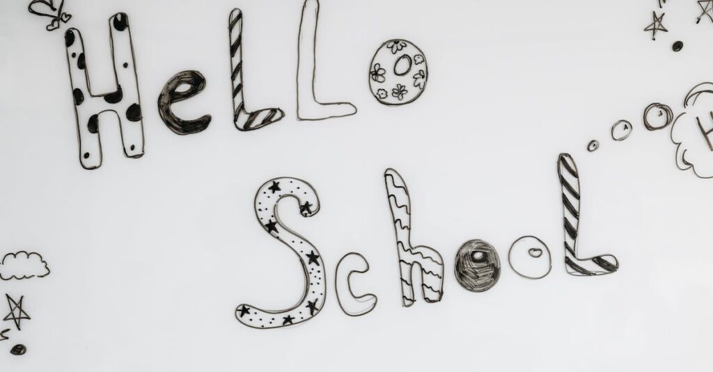 pexels-photo-8423071-8423071 Fun and creative 'Hello School' message drawn on a whiteboard with doodles.
